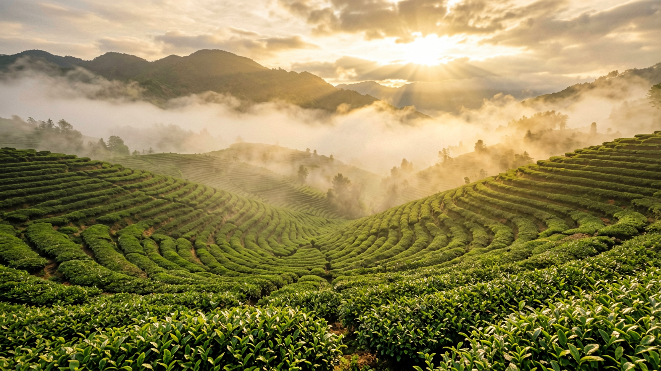 Tea garden in misty mountains